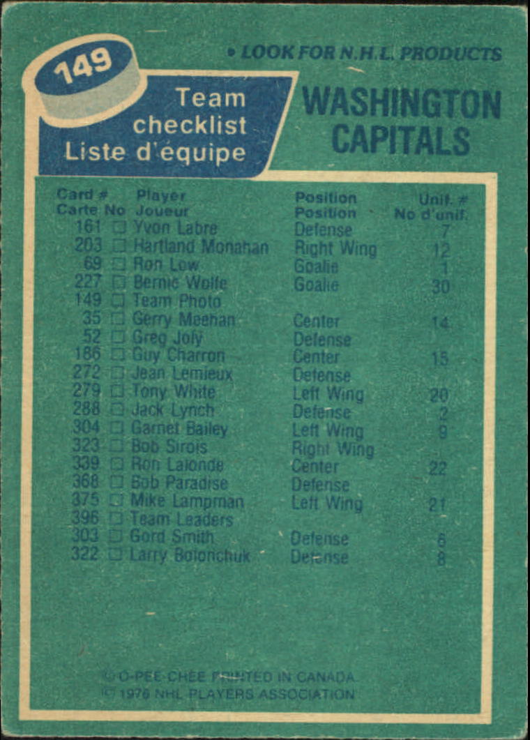 1976-77 O-Pee-Chee #149 Capitals Team back image