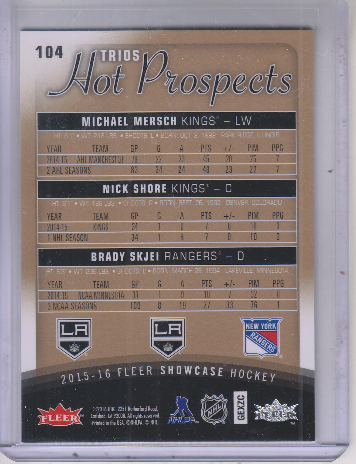 2015-16 Fleer Showcase #104 Michael Mersch RC/Brady Skjei RC/Nick Shore RC back image