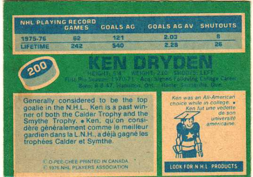 1976-77 O-Pee-Chee #200 Ken Dryden back image