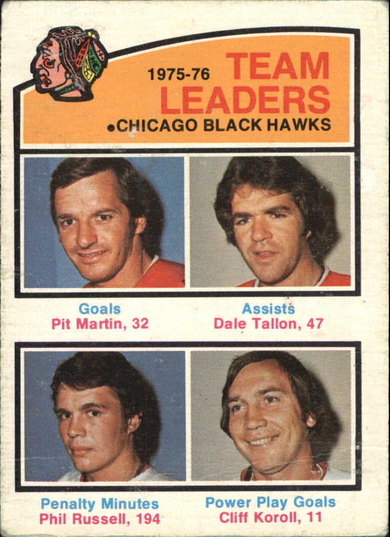 1976-77 O-Pee-Chee #382 Blackhawks Leaders/Pit Martin/Dale Tallon/Phil Russell/Cliff Koroll