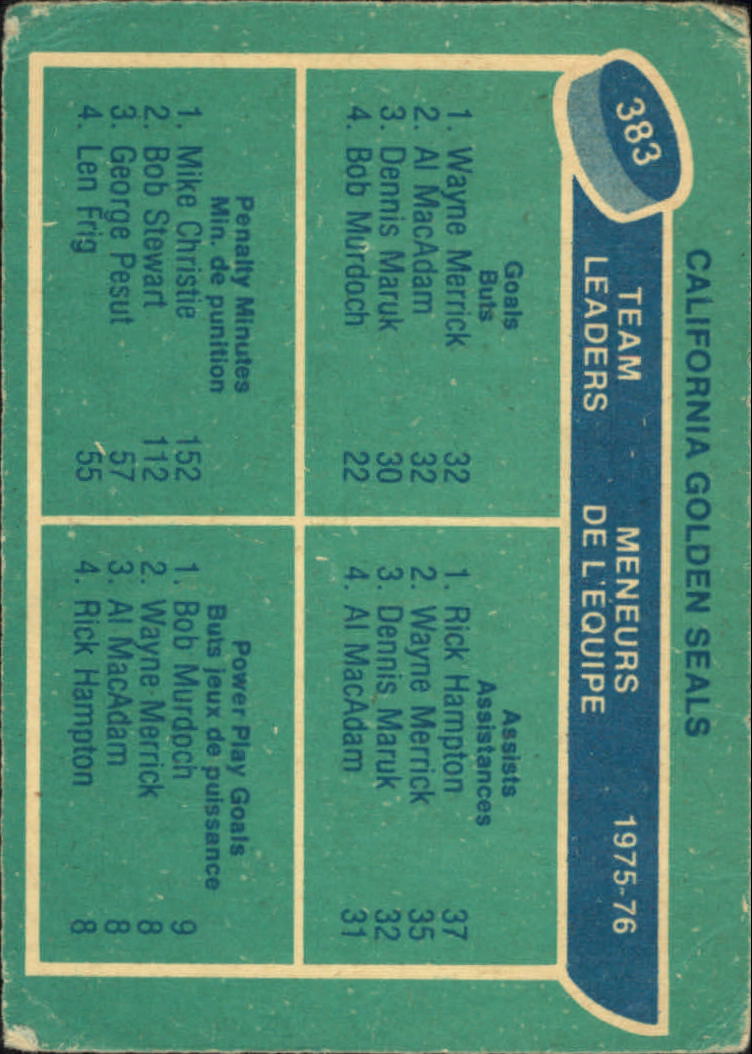 1976-77 O-Pee-Chee #383 Seals Leaders/Wayne Merrick/Al MacAdam/Rick Hampton/Mike Christie/Bob Murdoch back image