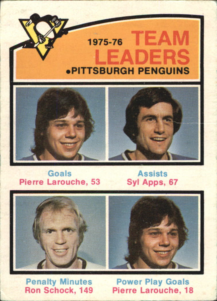 1976-77 O-Pee-Chee #392 Penguins Leaders/Pierre Larouche/Syl Apps/Ron Schock