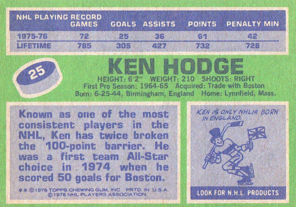 1976-77 Topps #25 Ken Hodge back image