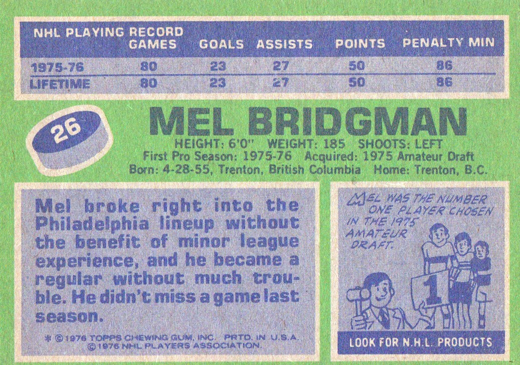 1976-77 Topps #26 Mel Bridgman RC back image