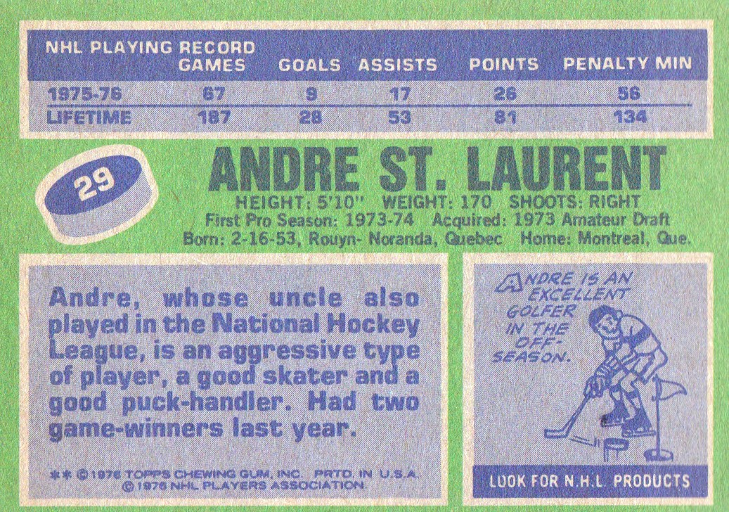 1976-77 Topps #29 Andre St.Laurent back image