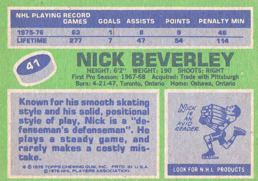 1976-77 Topps #41 Nick Beverley back image