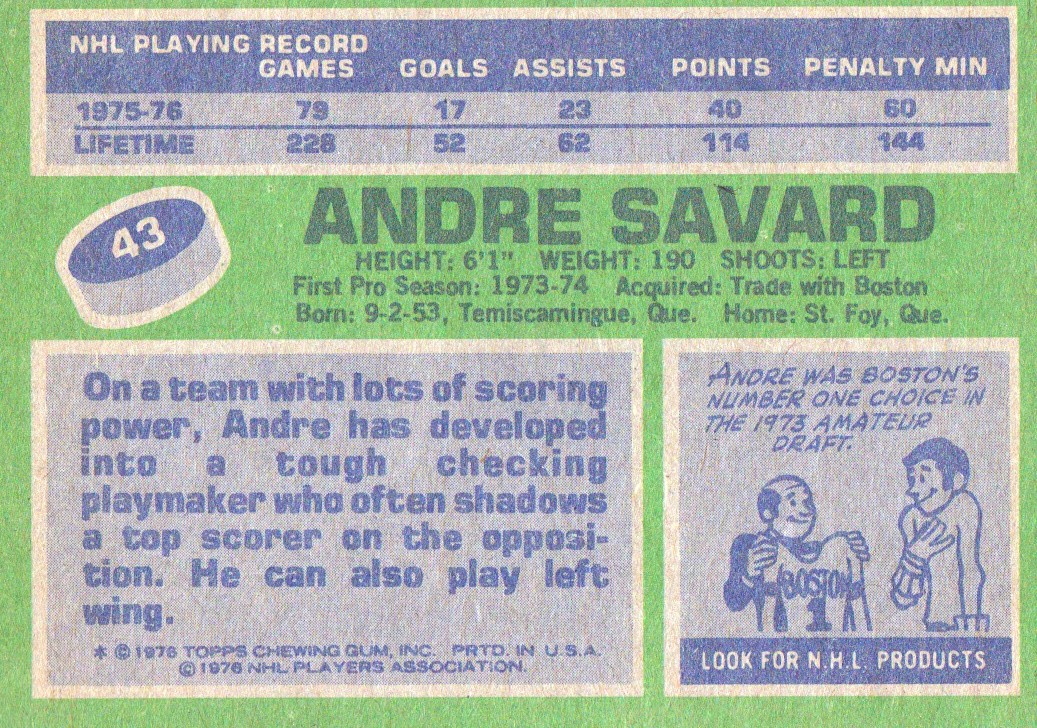 1976-77 Topps #43 Andre Savard back image
