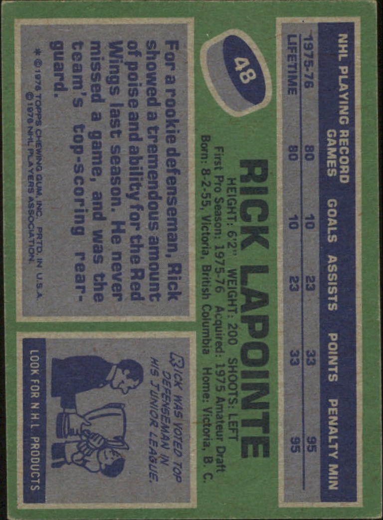 1976-77 Topps #48 Rick Lapointe RC back image