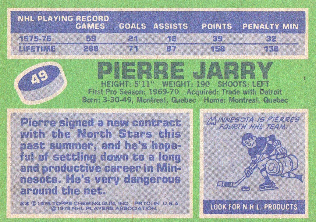 1976-77 Topps #49 Pierre Jarry back image