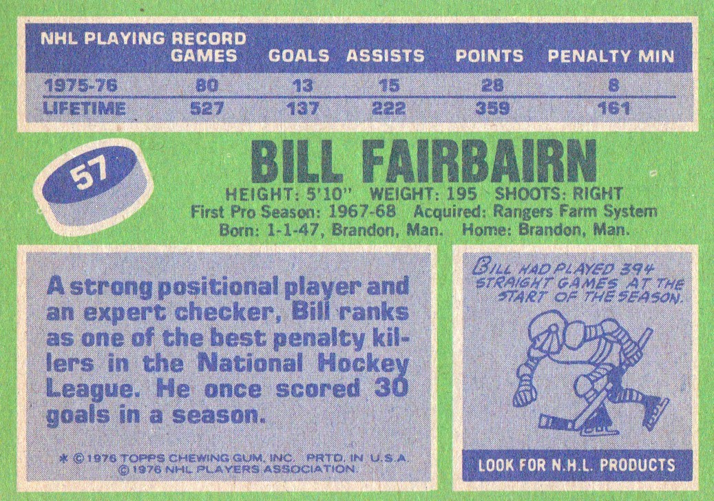 1976-77 Topps #57 Bill Fairbairn back image