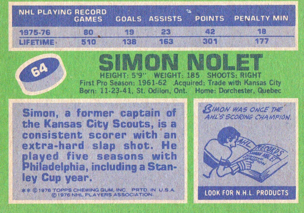 1976-77 Topps #64 Simon Nolet back image