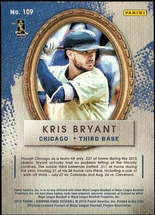 2016 Diamond Kings Framed Black #109B Kris Bryant SP/Blue sleeves back image