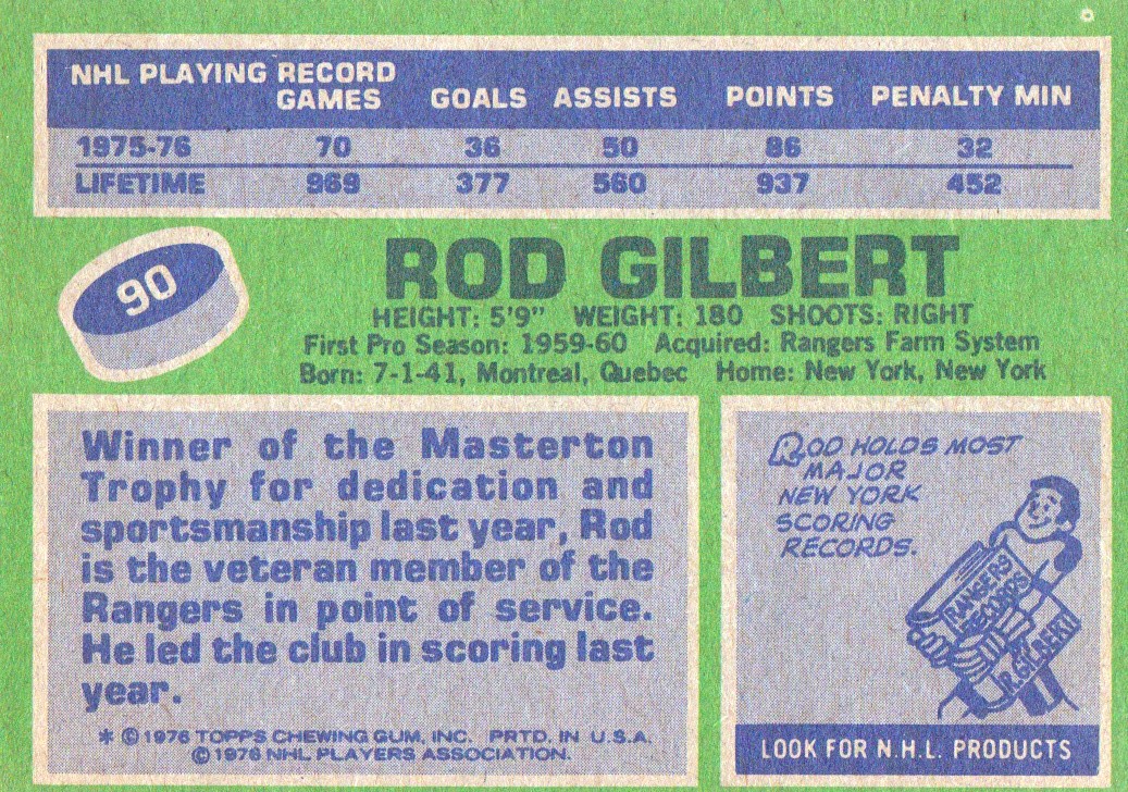 1976-77 Topps #90 Rod Gilbert back image