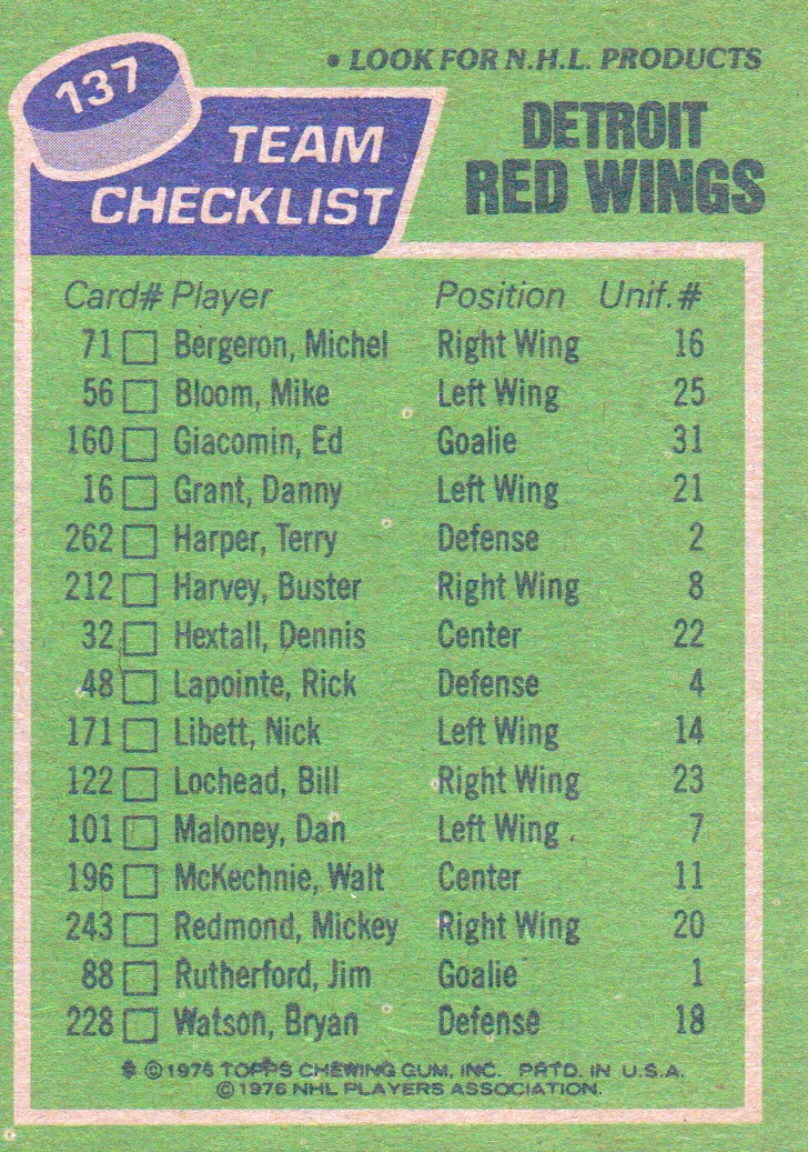 1976-77 Topps #137 Red Wings Team CL back image