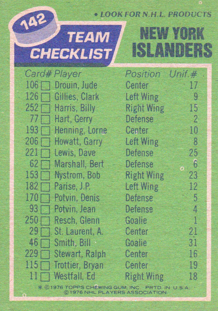 1976-77 Topps #142 Islanders Team CL back image