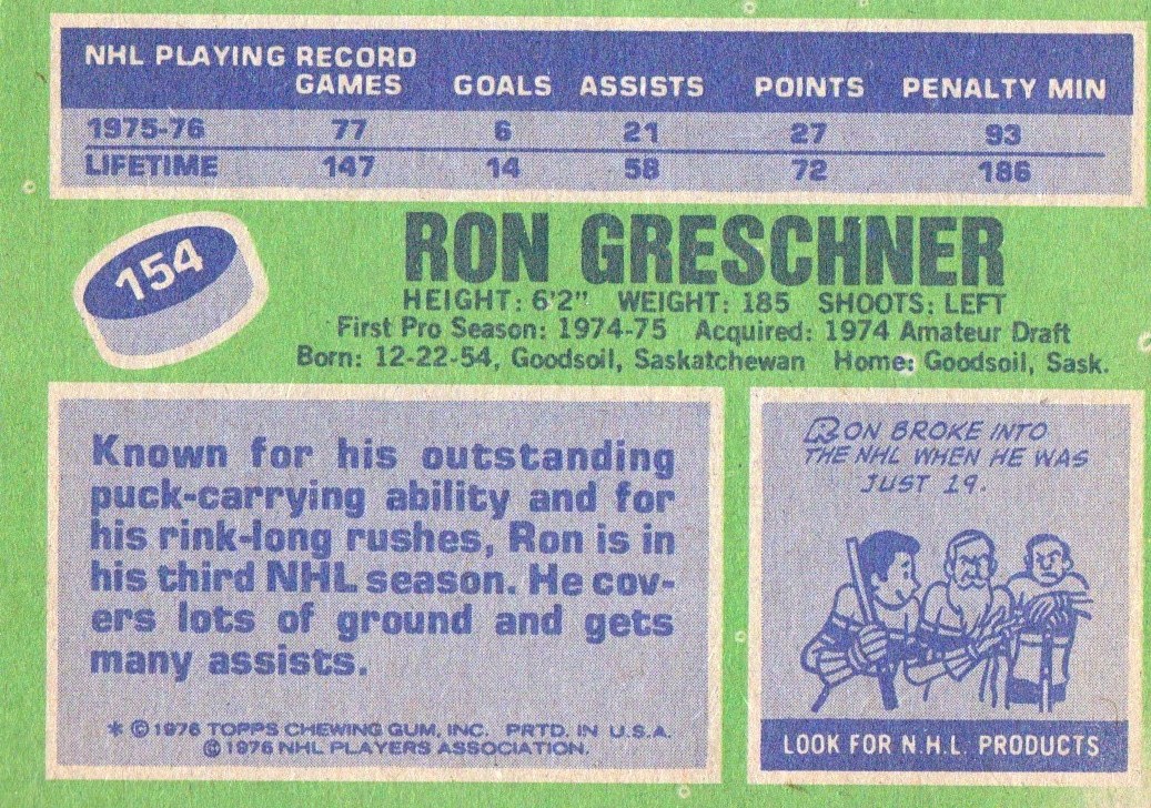 1976-77 Topps #154 Ron Greschner UER back image