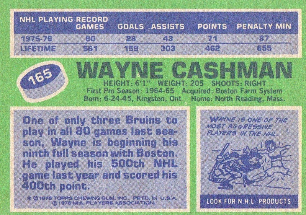 1976-77 Topps #165 Wayne Cashman back image