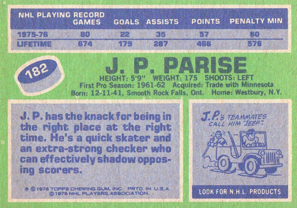 1976-77 Topps #182 Jean-Paul Parise back image