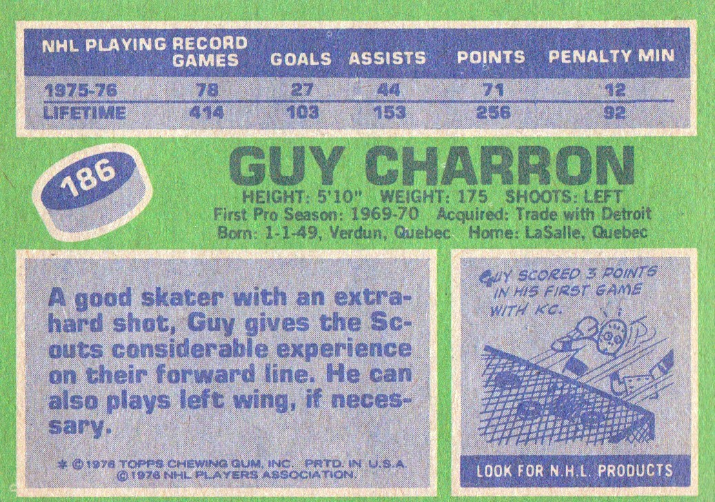 1976-77 Topps #186 Guy Charron back image