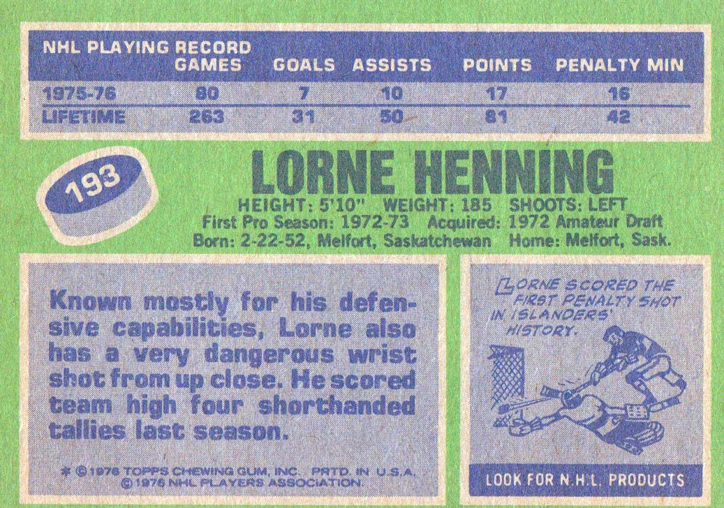 1976-77 Topps #193 Lorne Henning back image