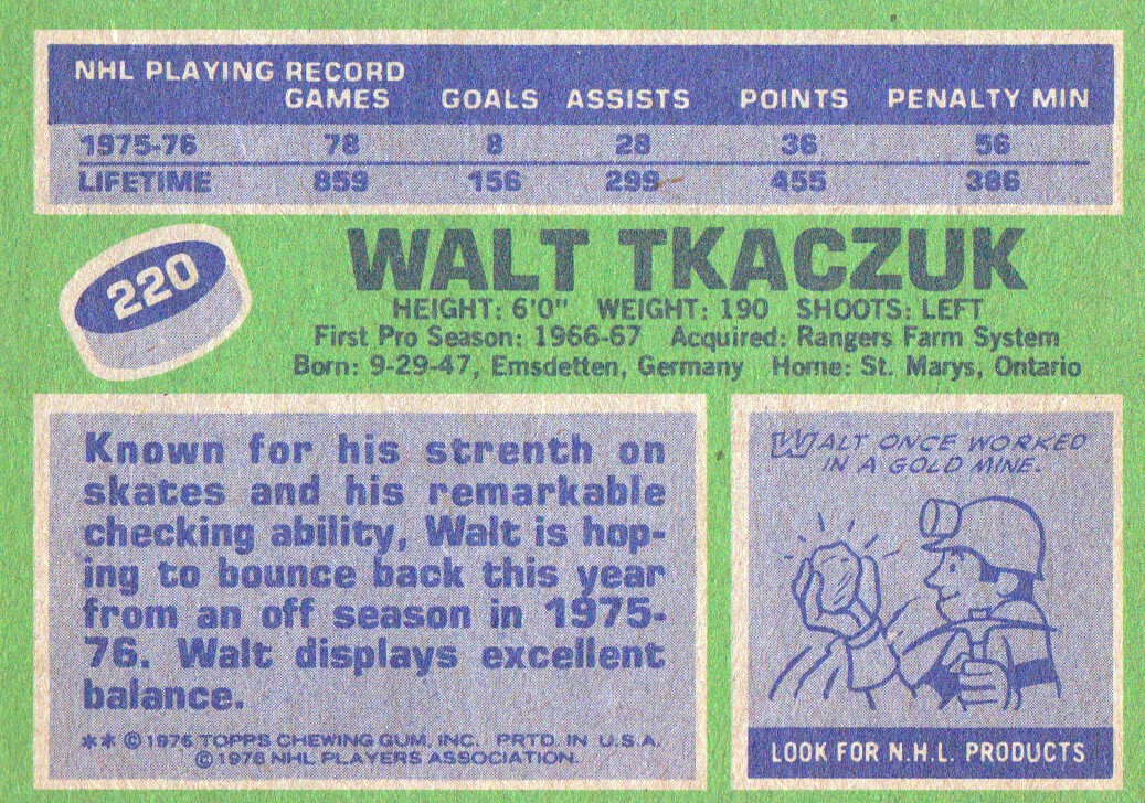 1976-77 Topps #220 Walt Tkaczuk back image