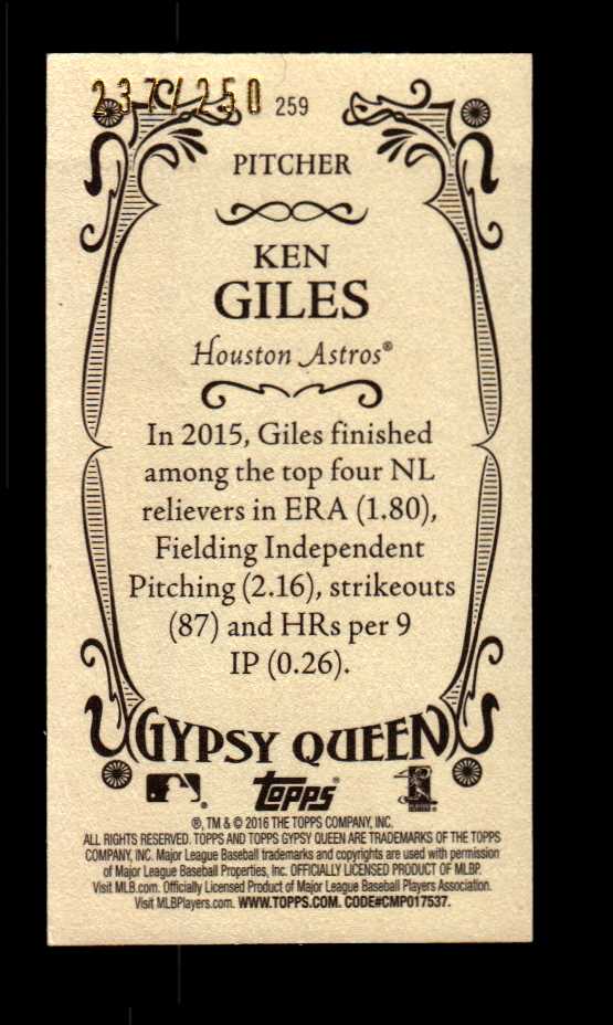 2016 Topps Gypsy Queen Mini Purple #259 Ken Giles back image