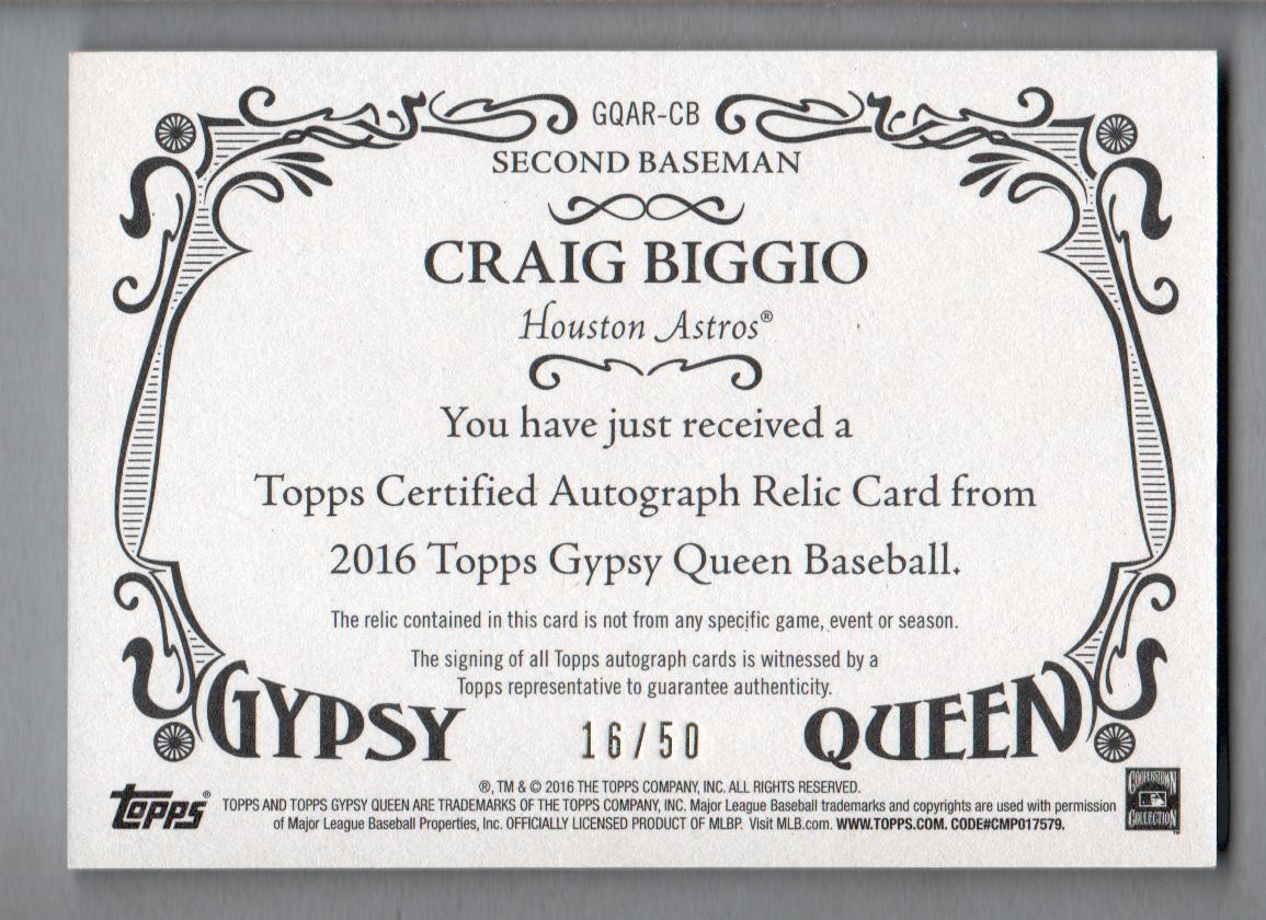 2016 Topps Gypsy Queen Relic Autographs #GQARCB Craig Biggio back image