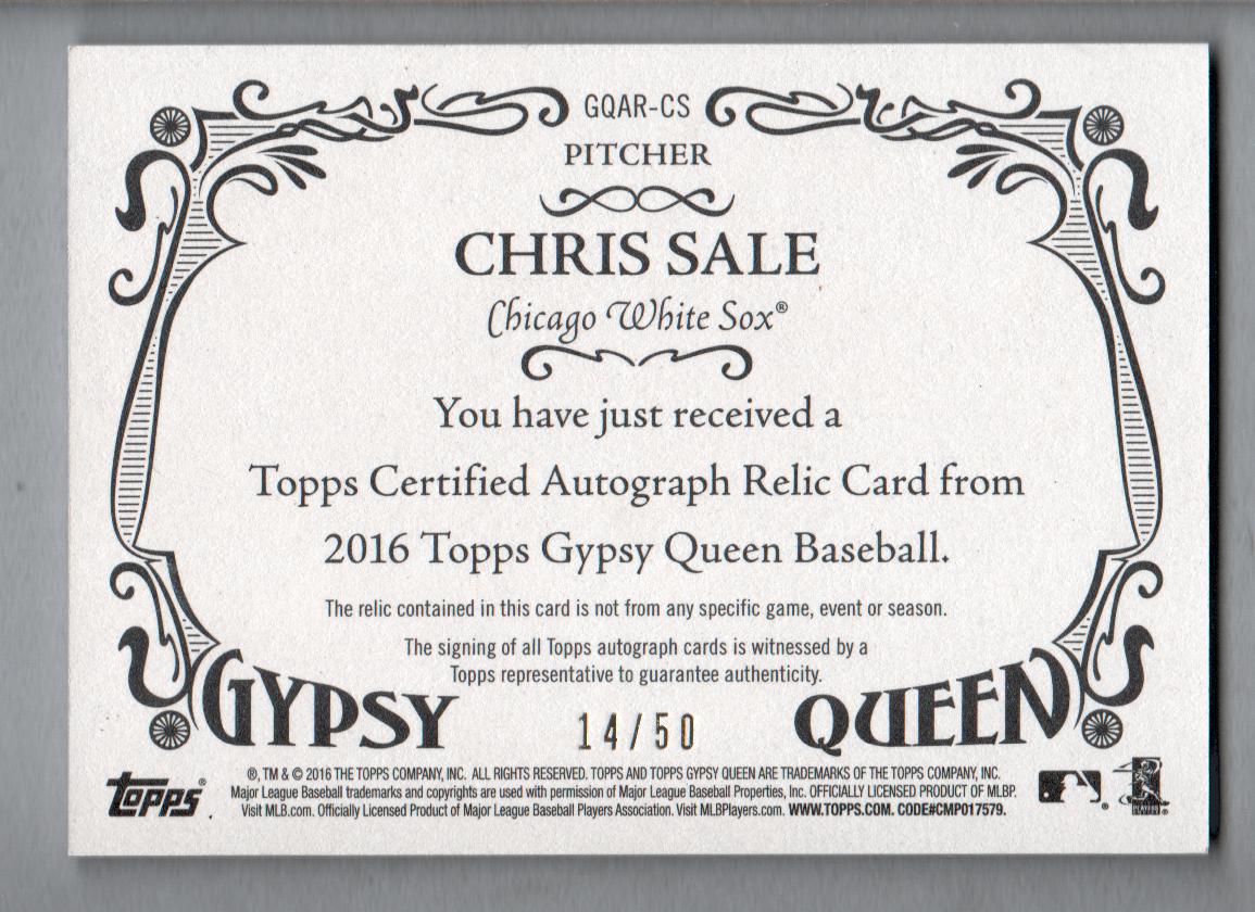 2016 Topps Gypsy Queen Relic Autographs #GQARCS Chris Sale back image