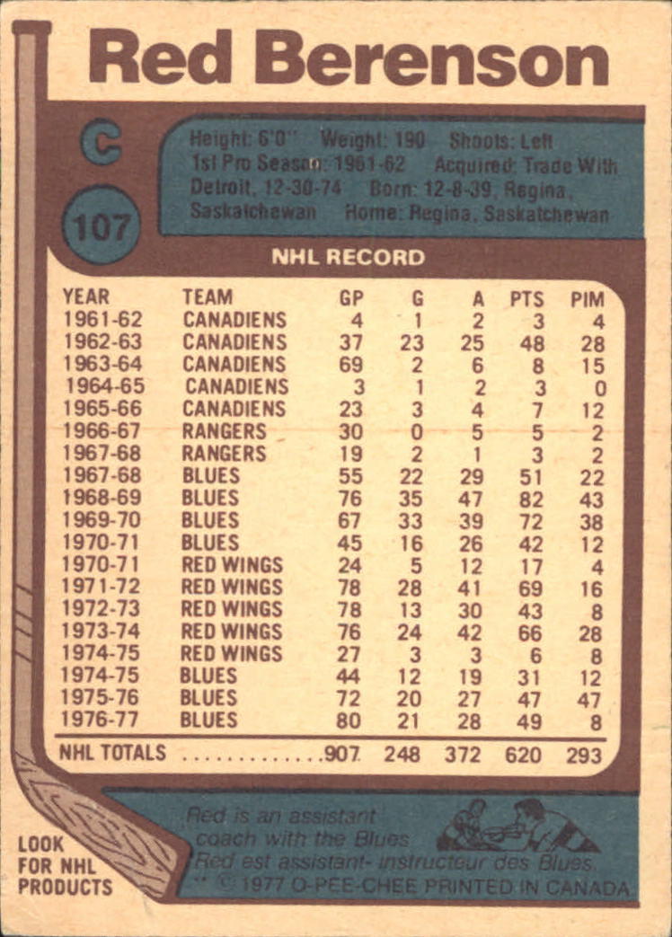 1977-78 O-Pee-Chee #107 Red Berenson back image
