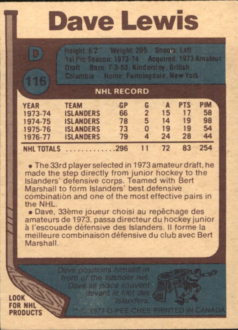 1977-78 O-Pee-Chee #116 Dave Lewis back image