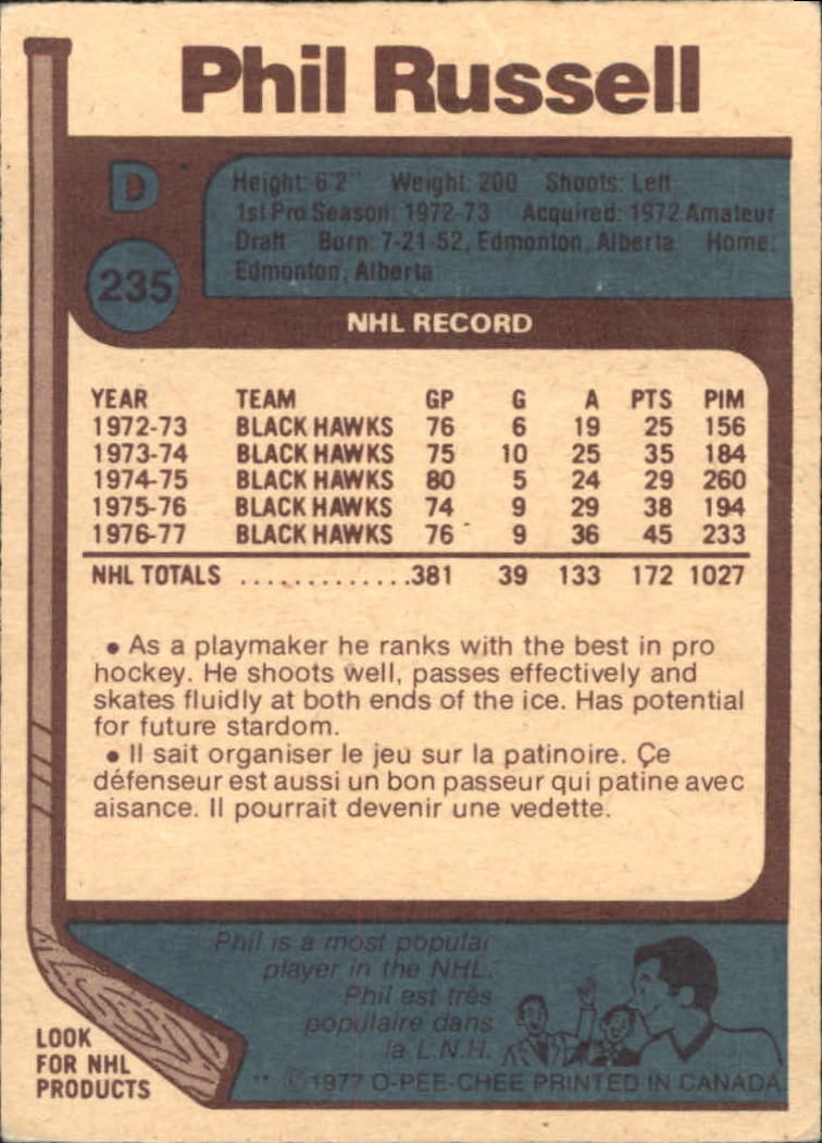 1977-78 O-Pee-Chee #235 Phil Russell back image