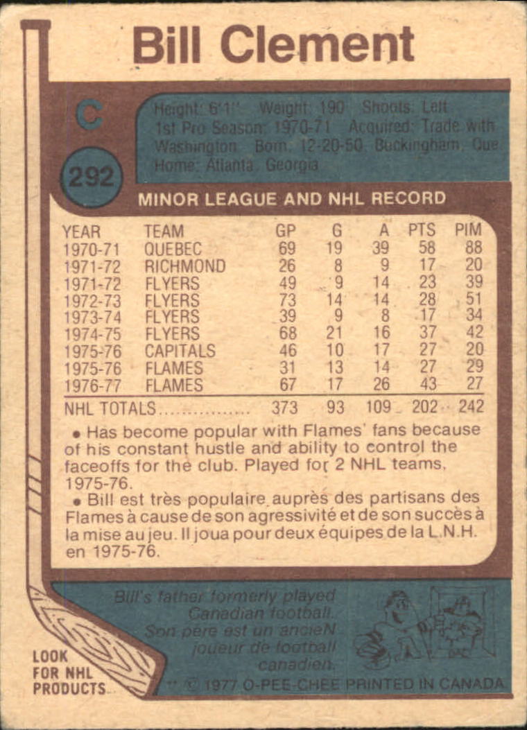 1977-78 O-Pee-Chee #292 Bill Clement back image