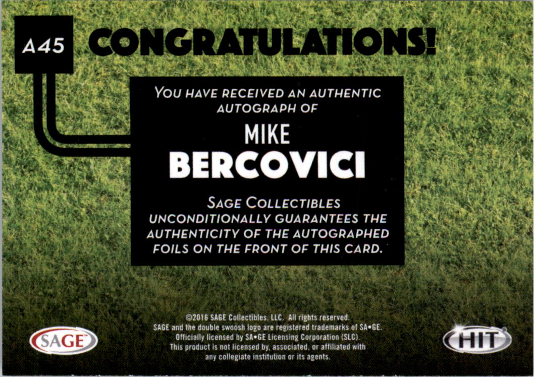 2016 SAGE HIT Autographs Red #A45 Mike Bercovici back image