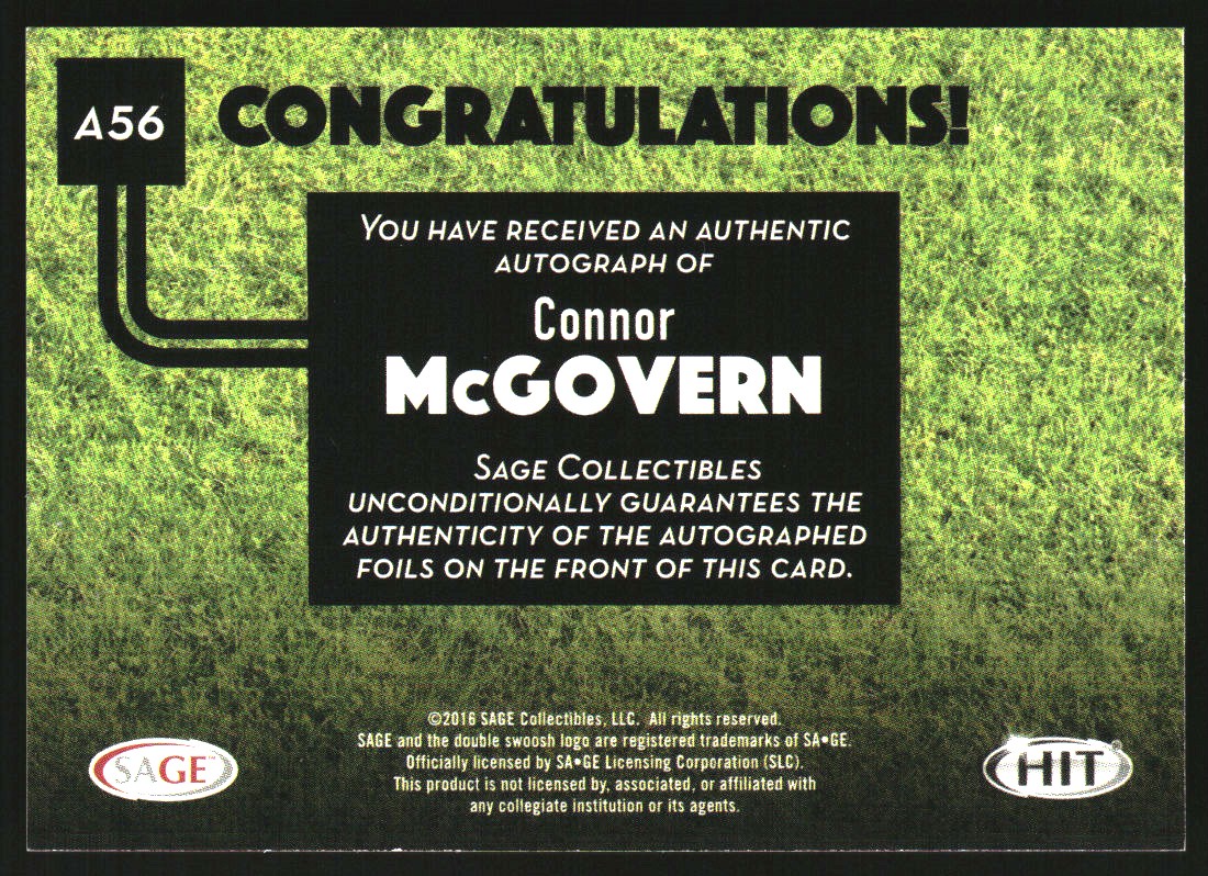 2016 SAGE HIT Autographs Red #A56 Connor McGovern back image