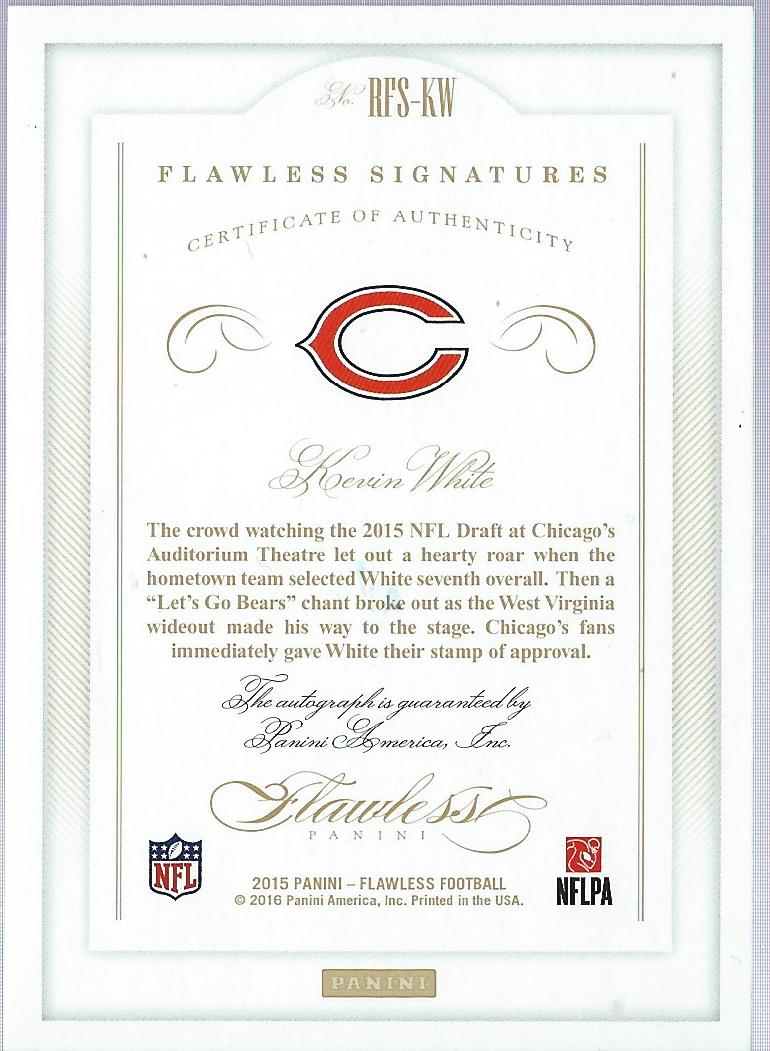 2015 Panini Flawless Progressions Signatures Ruby #FPSKW Kevin White back image