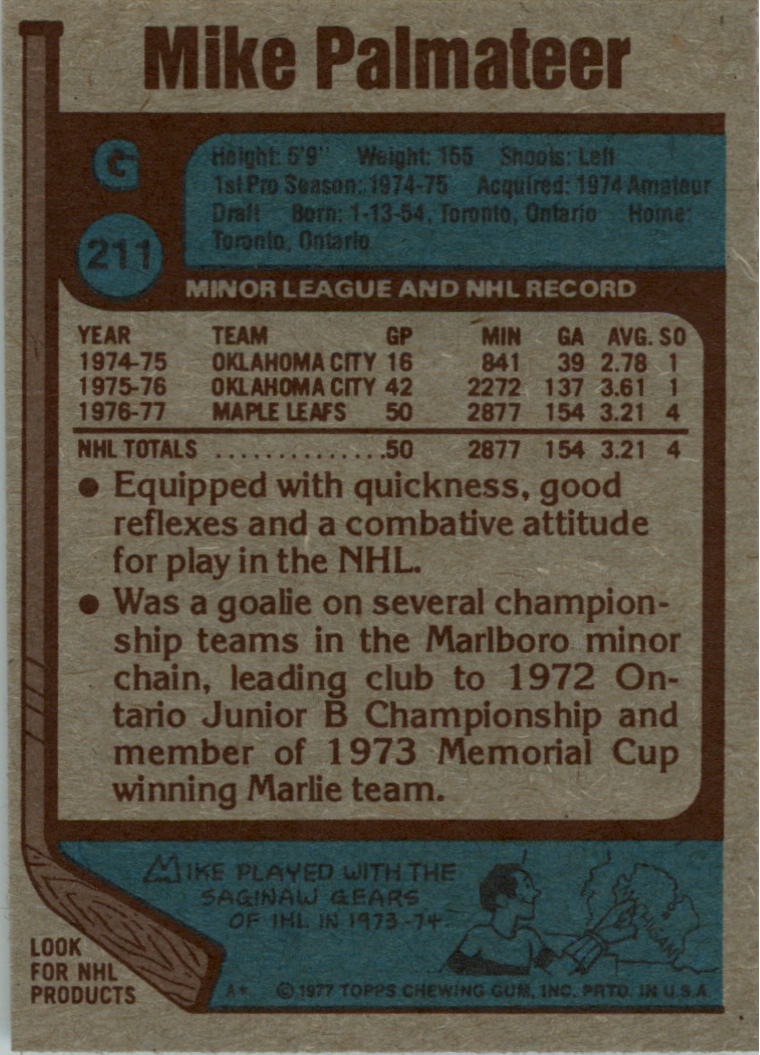 1977-78 Topps #211 Mike Palmateer RC back image