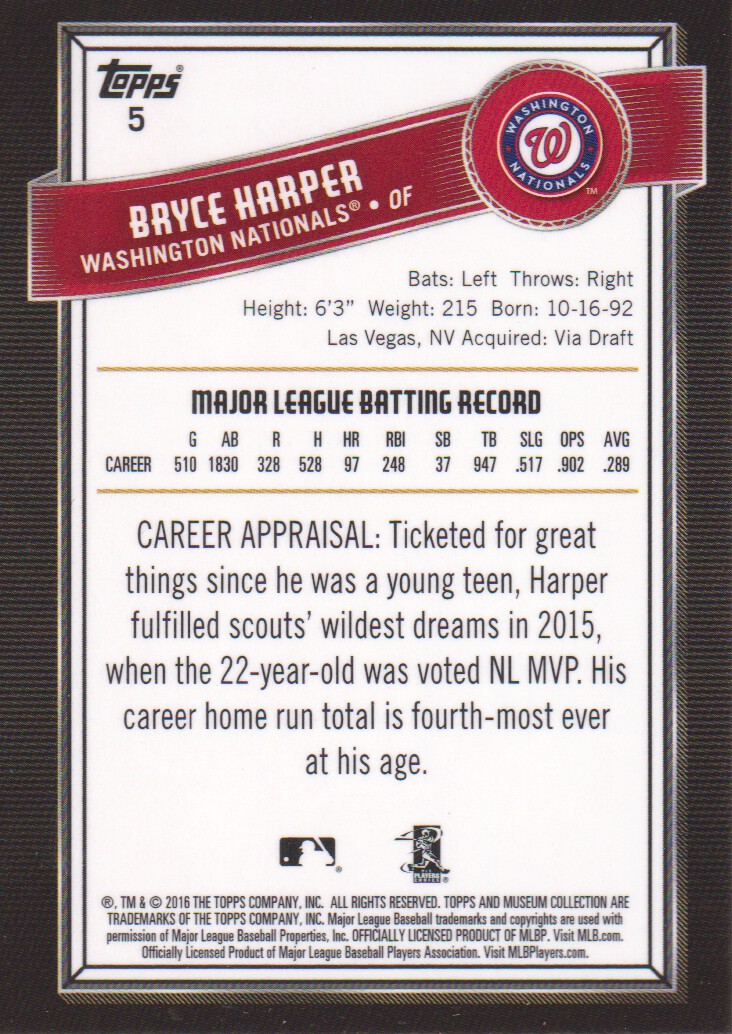 2016 Topps Museum Collection #5 Bryce Harper back image
