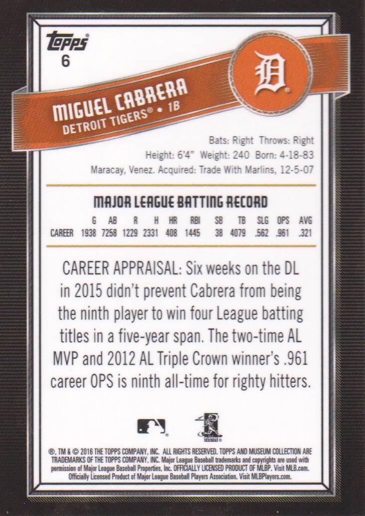 2016 Topps Museum Collection #6 Miguel Cabrera back image