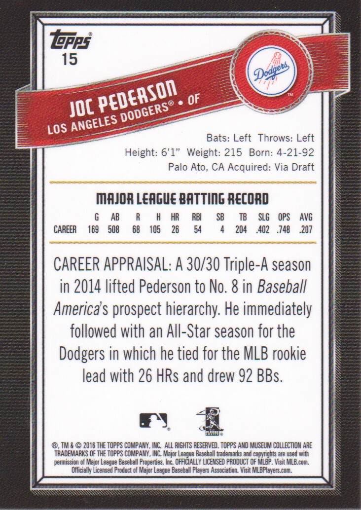 2016 Topps Museum Collection #15 Joc Pederson back image