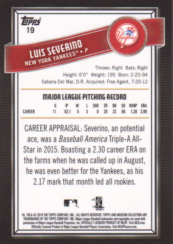 2016 Topps Museum Collection #19 Luis Severino RC back image