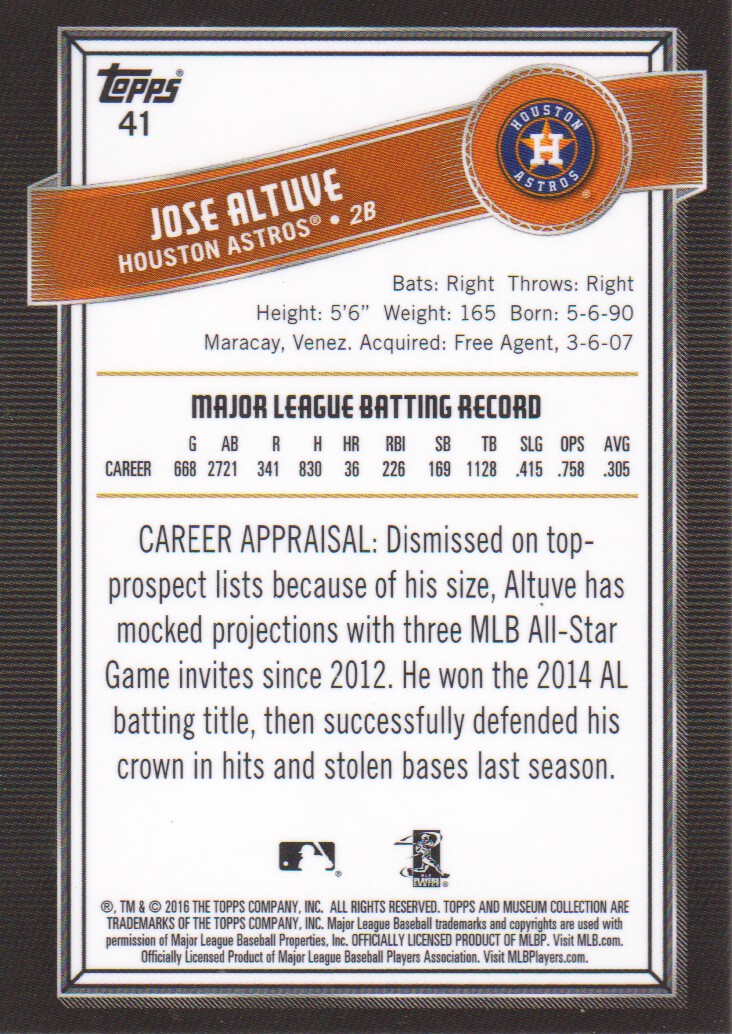 2016 Topps Museum Collection #41 Jose Altuve back image