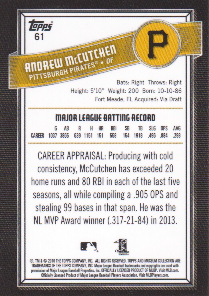 2016 Topps Museum Collection #61 Andrew McCutchen back image