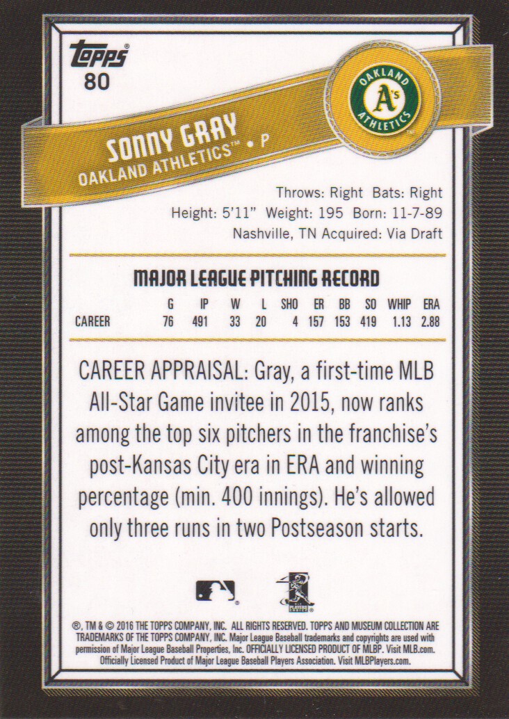 2016 Topps Museum Collection #80 Sonny Gray back image