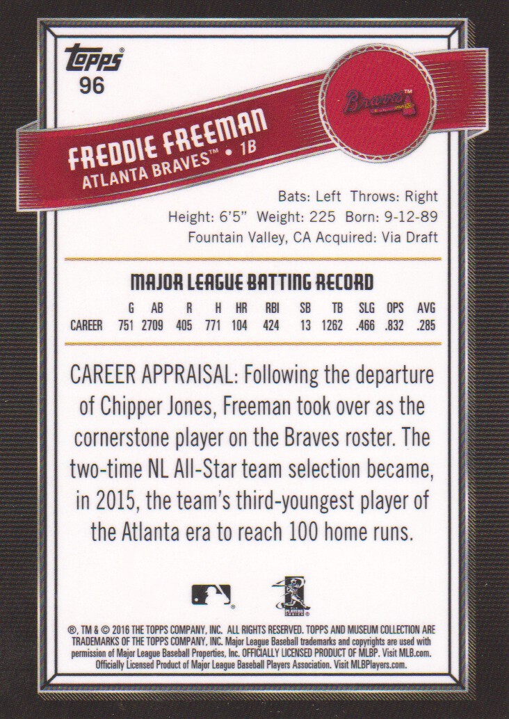 2016 Topps Museum Collection #96 Freddie Freeman back image