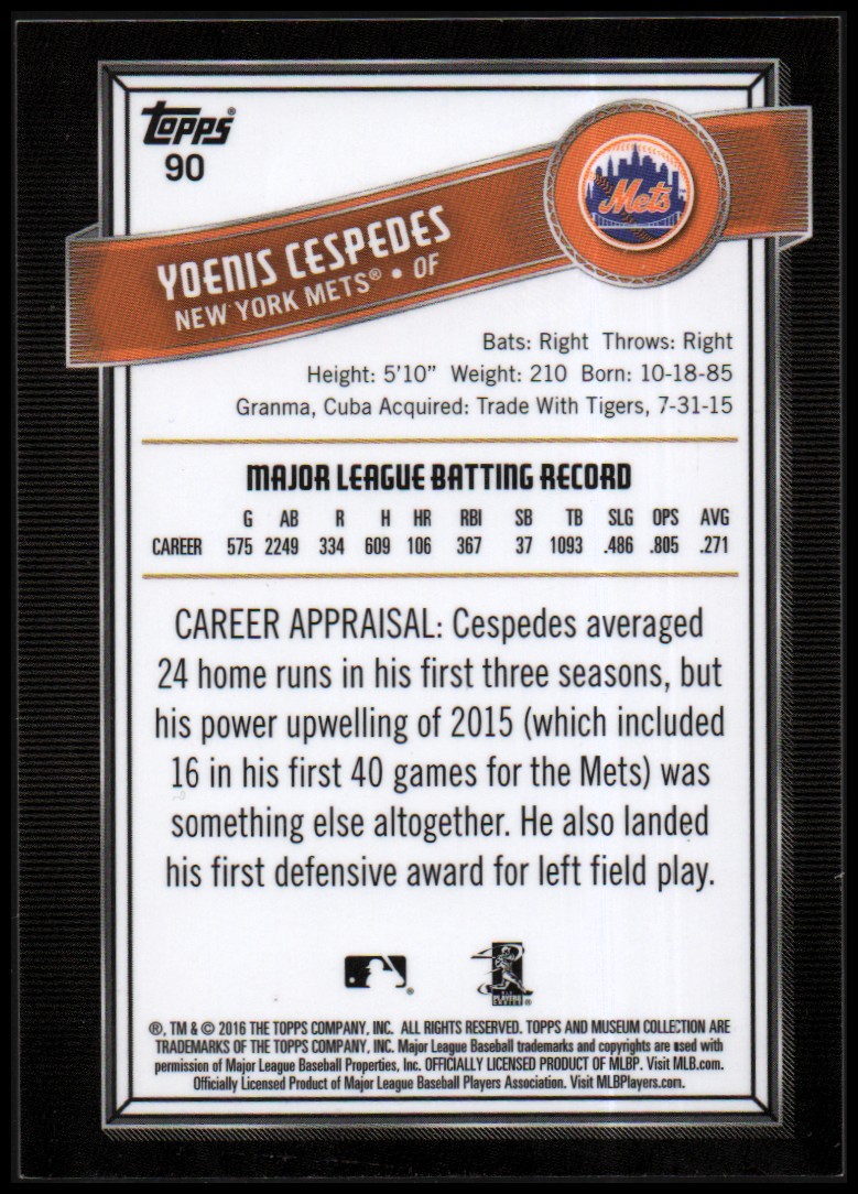 2016 Topps Museum Collection Blue #90 Yoenis Cespedes back image