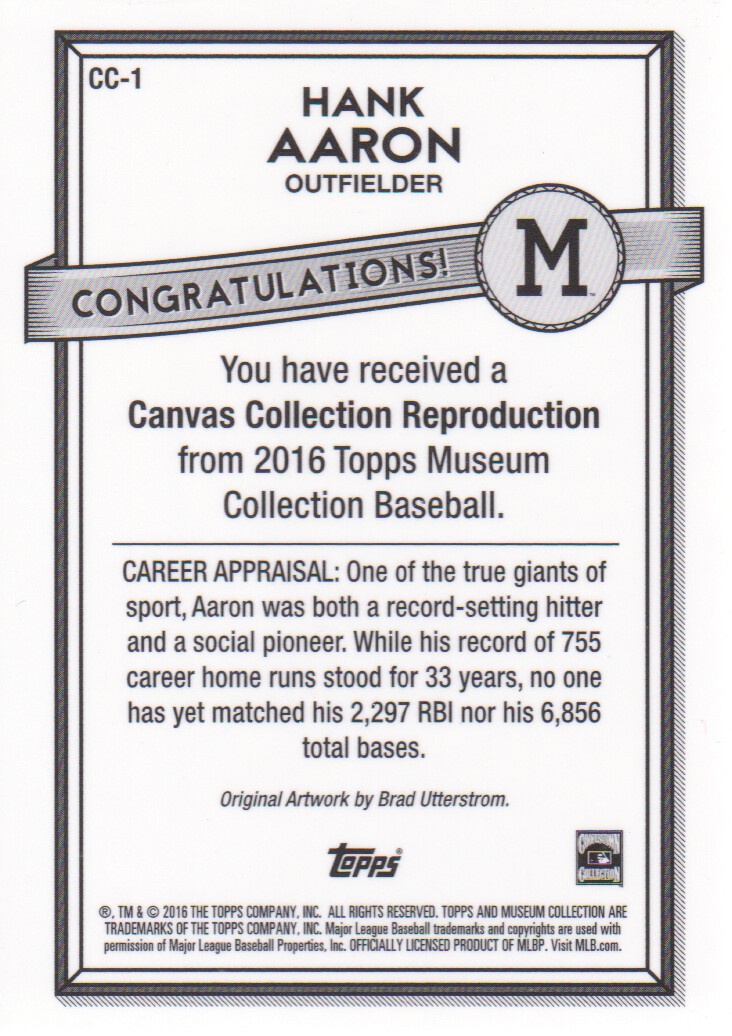 2016 Topps Museum Collection Canvas Collection #CC1 Hank Aaron back image