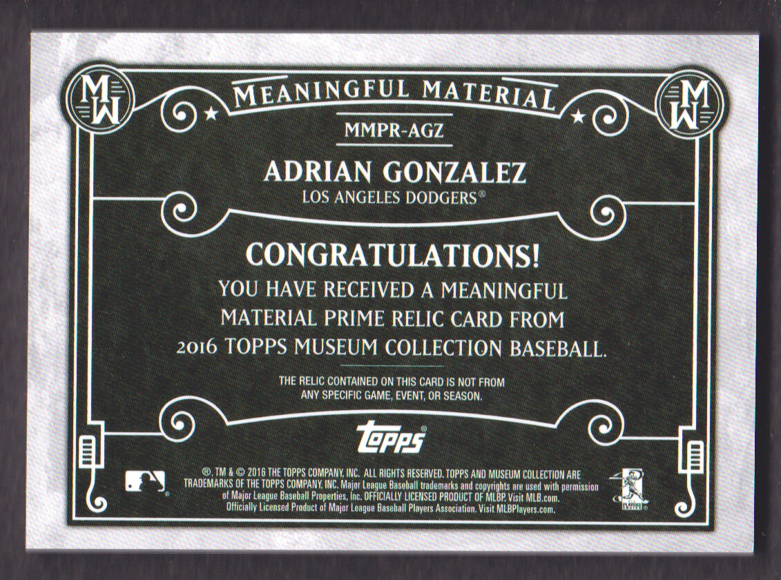 2016 Topps Museum Collection Meaningful Material Prime Relics Gold #MMPRAGZ Adrian Gonzalez back image