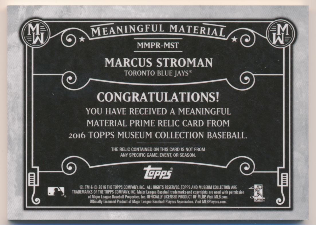2016 Topps Museum Collection Meaningful Material Prime Relics Gold #MMPRMST Marcus Stroman back image