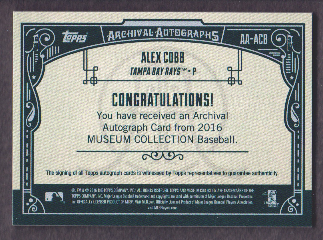 2016 Topps Museum Collection Archival Autographs #AAACB Alex Cobb/299 back image