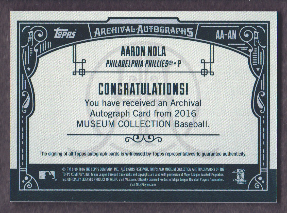 2016 Topps Museum Collection Archival Autographs #AAAN Aaron Nola/299 back image